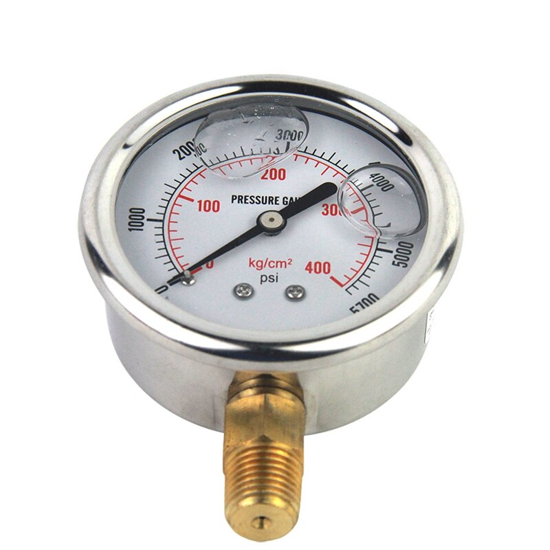 Liquid Filled Oil Pressure Gauge 0-5000PSI Brass 1/4 NPT Bottom Mount Standard Thread Hydraulic Meter Tool