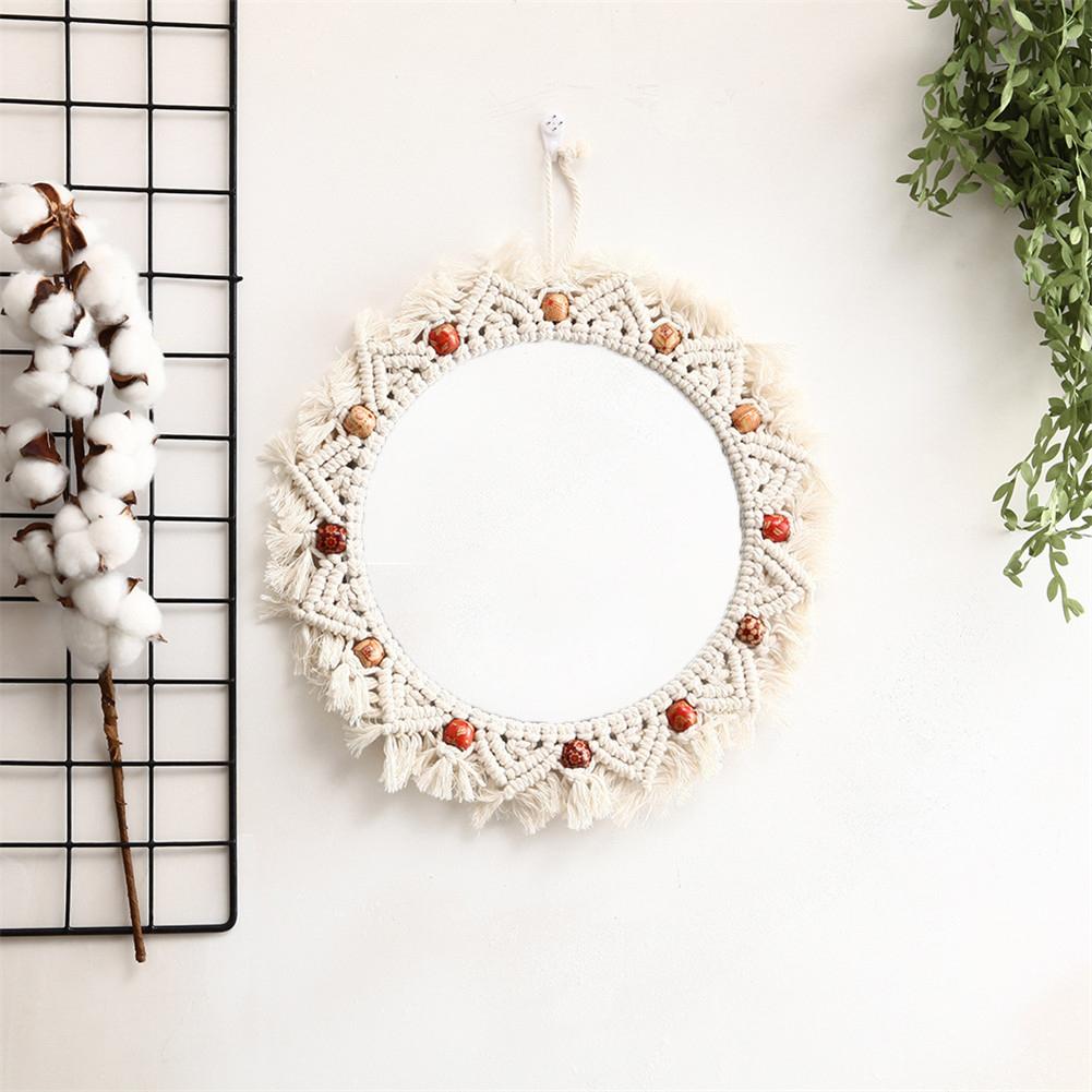 Round Lace Wall Hanging Mirror Art Deco Hand-made Cotton Rope Round Mirror For Living Room Woven Wall-mounted Mirror Frame