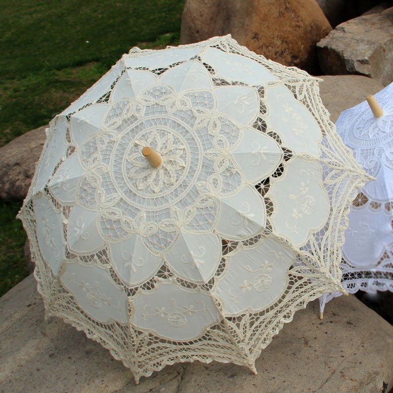 Viktorianischen Stickerei Blume Battenburg Spitze Sonnenschirm Mit Spitze Dekoration Party Braut Dusche Foto Stütze Braut Regenschirm: A0101 Beige