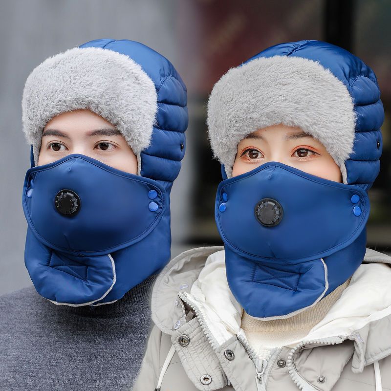 Fleece Hat Women Thickened Warm Ear Protection Cotton Hat Men's Fall/winter Outdoor Cycling Windproof Cold Hat: Blue