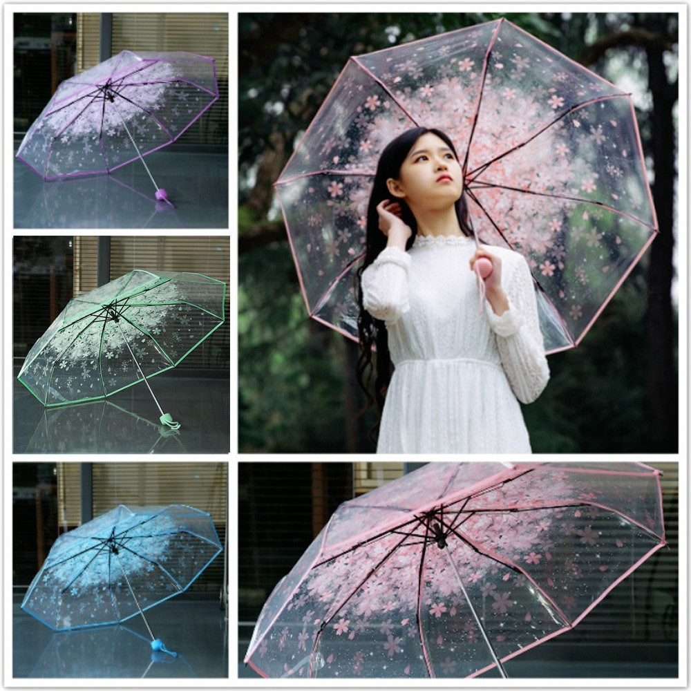 Transparante Paraplu Beschermen Tegen Wind Regen Cherry Sakura 3 Fold Pvc Meisje Paraplu Draagbare Leuke Huishoudelijke Regenkleding