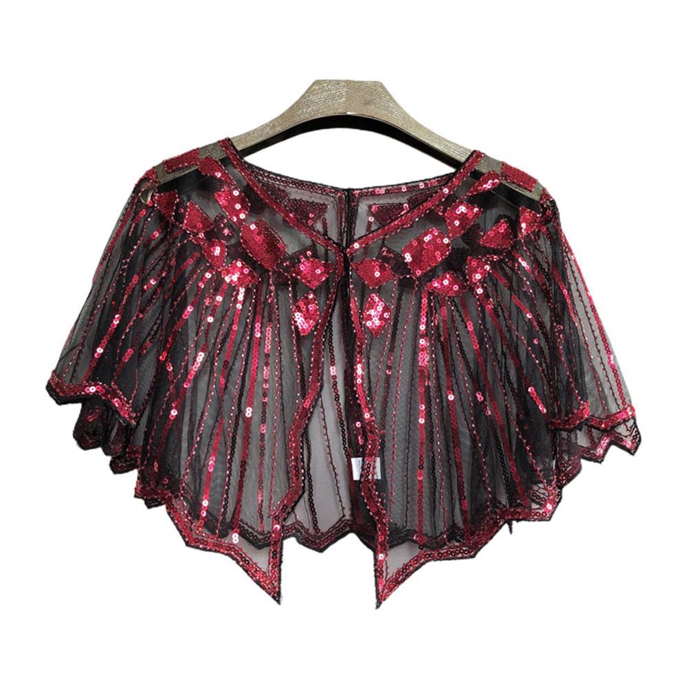 Scalloped High Beaded Sequin Short Top Women Cape See-through Women Shawl Decorative Women Accessories: Black  Red