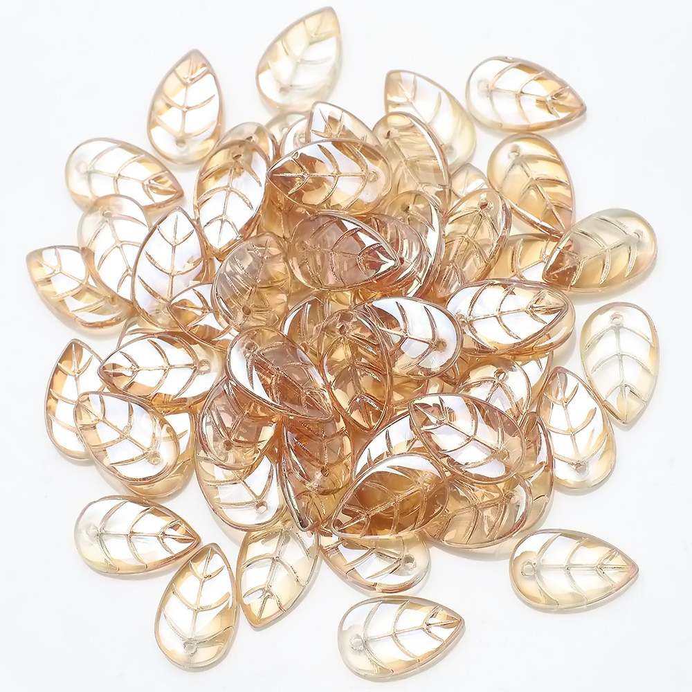 50pcs Glass Petal Beads 10*18mm Green Color Leave Shape Beads Crafts DIY Crystal Pendant Earings Jewelry Making Accessories: amber gold