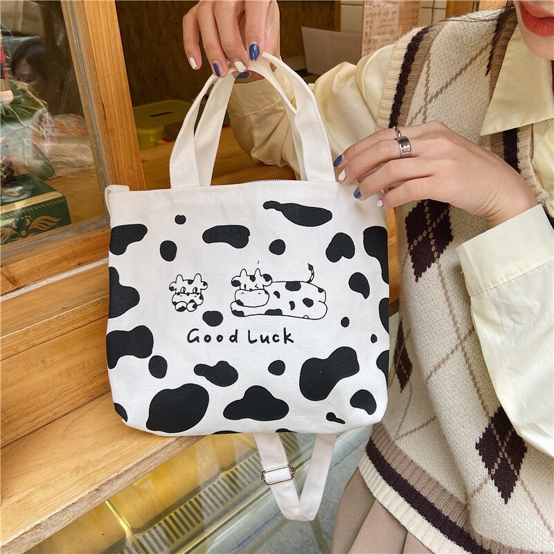 Cute Cartoon Cow Canvas Tote Bag for Women Female Student Shoulder Crossbody Bag Small Woman Purses and Handbags Single