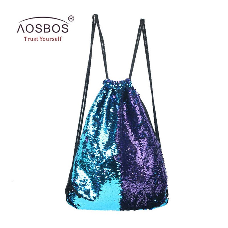 Aosbos Sequin Drawstring Backpack Foldable Sports Gym Bag Outdoor Women Men Training Fitness Bags Drawstring Bag for Shoes: Blue purple