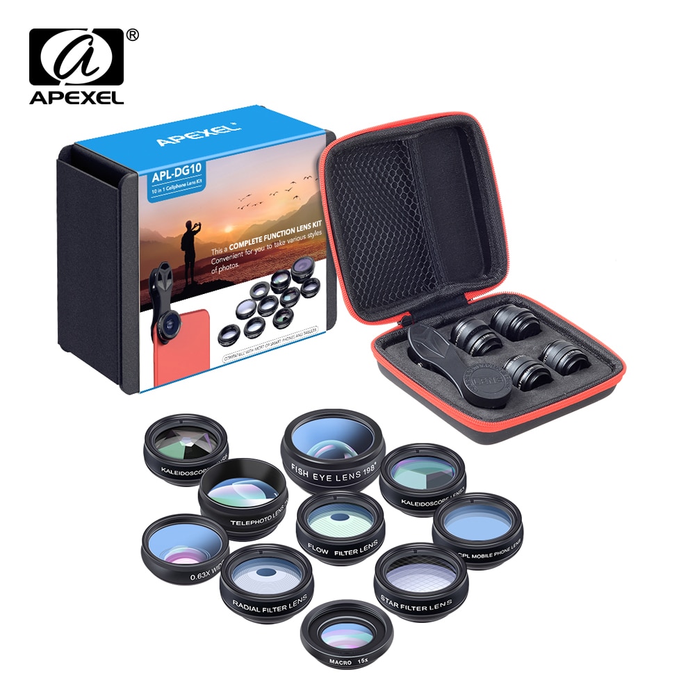 APEXEL 10in1 Kit de lentille de téléphone portable oeil de poisson grand Angle télescope Macro lentille pour iphone huawei samsung galaxy android celphones