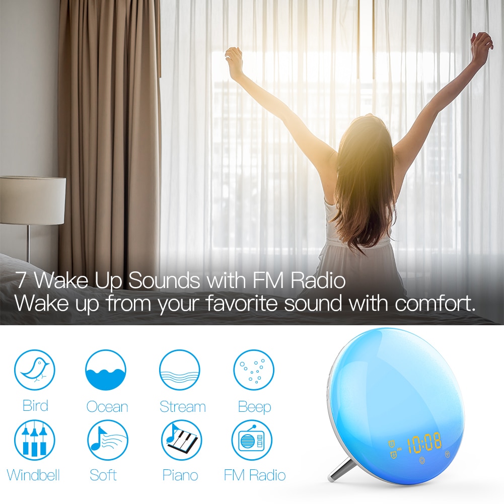 Reloj despertador con 4 alarmas, luz de activación inteligente, WiFi, 7 colores, simulación de Amanecer/atardecer, Compatible con Alexa y Google Home