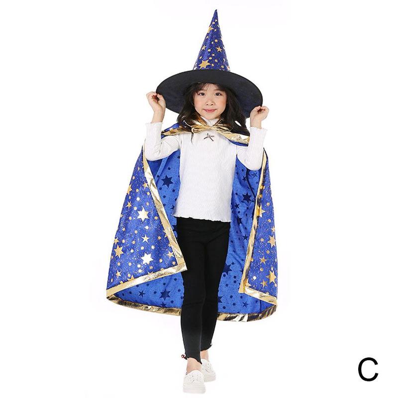 Halloween Mantel Kinderen Prestaties Kostuum Kleine Tovenaar Vijf-sterren Heks Mantel Cosplay Pak Hoed O1U7: C
