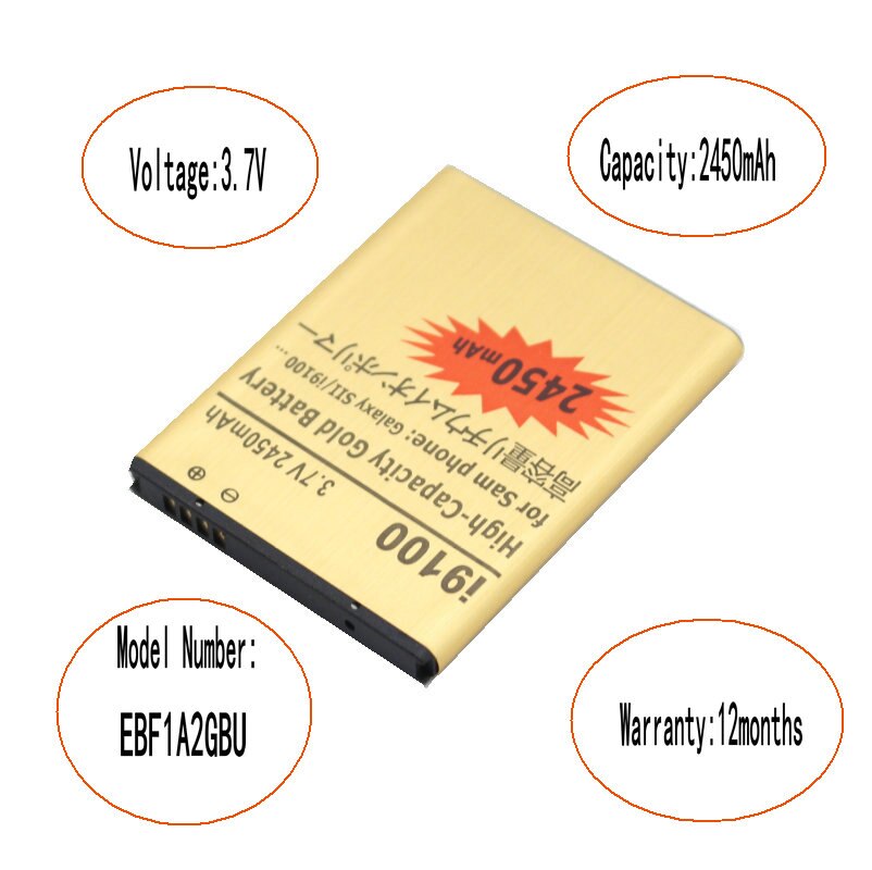 Iskyams 1X2450Mah EB-F1A2GBU EBF1A2GBU Gold Batterij + Lader Voor Samsung Galaxy Sii S2 I9100 I9103 I9050 B9062 i9108 M340S