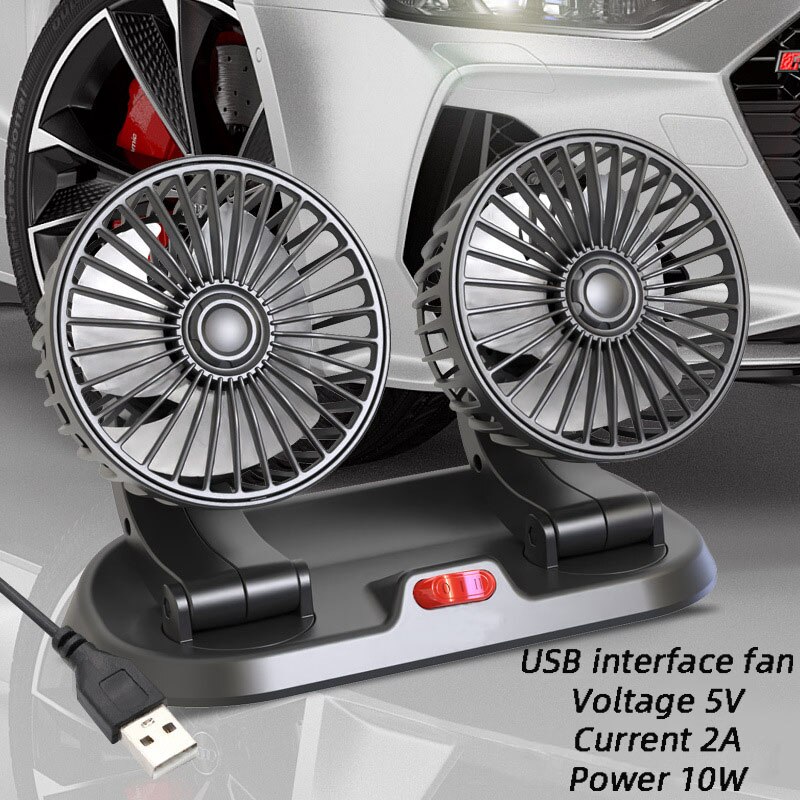 Ventilador de coche de doble cabeza, dispositivo de refrigeración de 5V, 12V y 24V, Usb, 2 velocidades, ajustable, accesorios de coche, regulación del viento: Negro