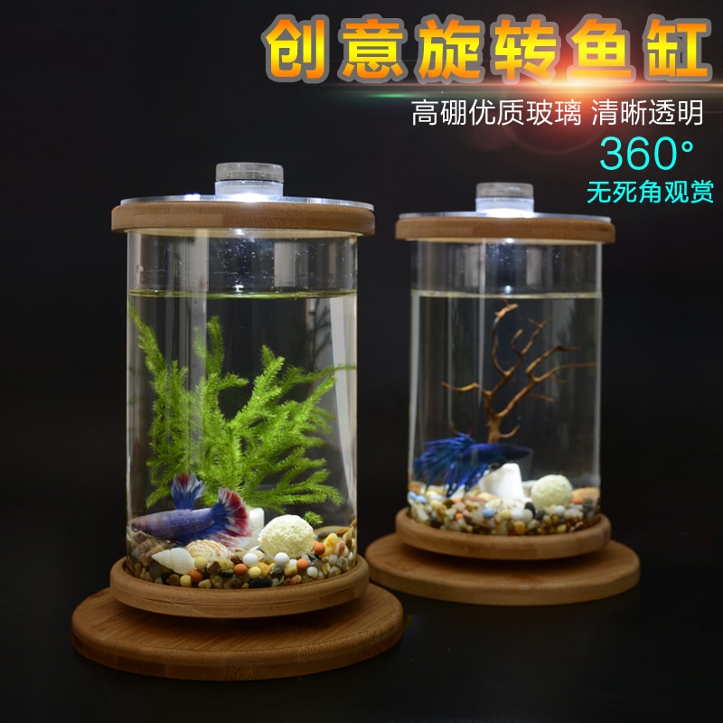 Vat Betta Vis Tanks Mini Desktop Aquaponic Aquarium 360 Roterende Ultra-Clear Glas Vis Kom Met Antislip houten Basis & Deksel