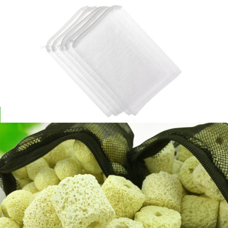 Bolsa de filtro de Acuario, bolsa de malla con cremallera para estanque de peces, 5 unids/set por juego