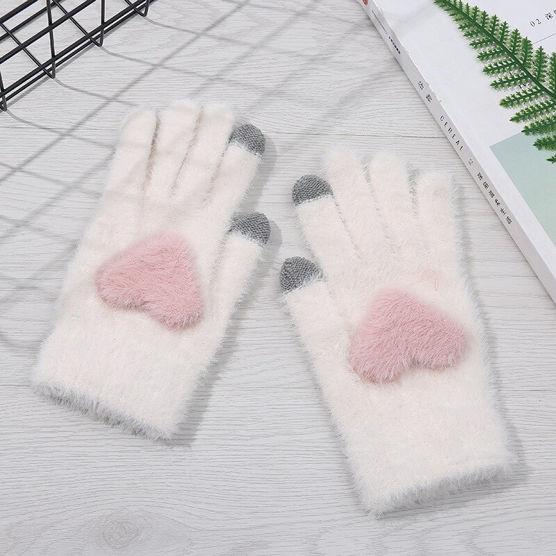 Vrouwen Roze Handschoenen Fluffy Pluche Handschoenen Winter Volledige Finger Handschoenen Liefde Hart Dikke Wanten Meisjes Warm Touchscreen Handschoen: WHITE