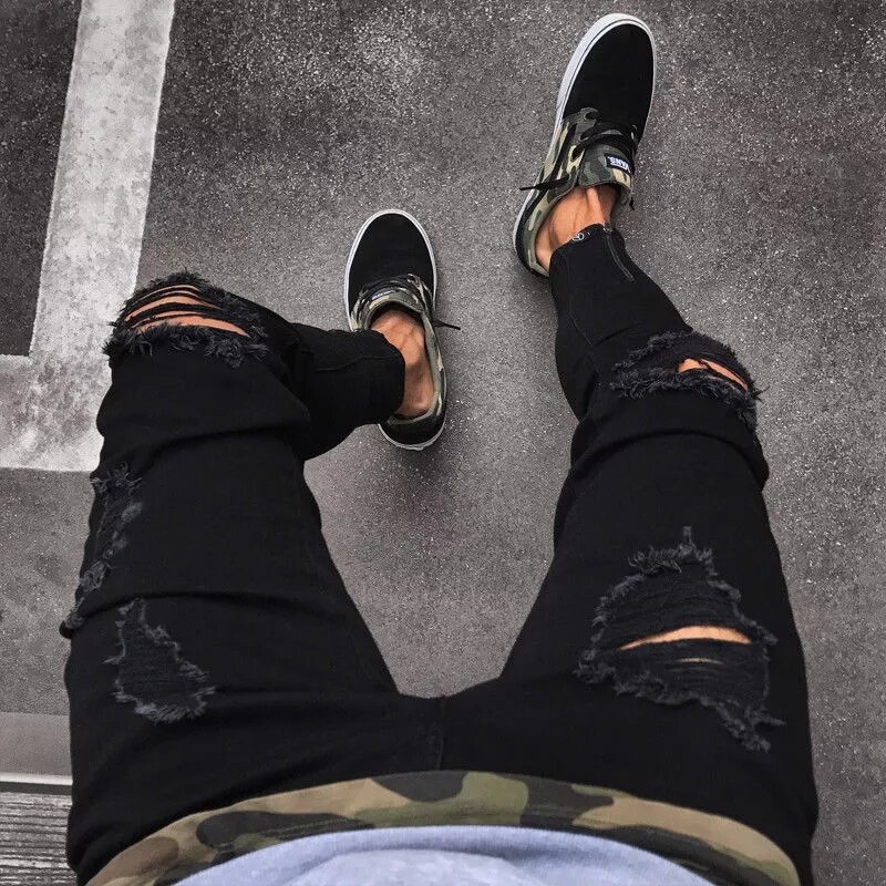 Heren Jeans Cool Brand Black Ripped Ripped Stretch Jeans Slim Fit Hop Broek Met Gaten Voor Mannen