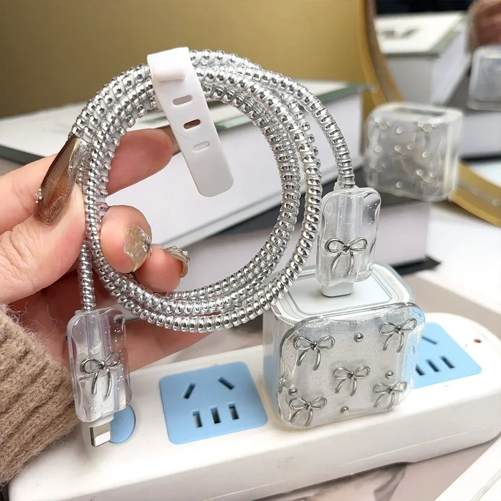 Voor iphone-opladers ipad-stekkeradapter 18w 20w transparante schattige tpu-opladerhoes met strikje, kabeloproller en beschermset