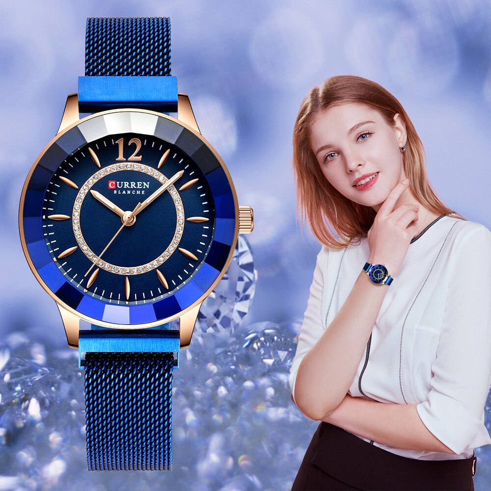 Curren Strass Mode Quartz Mesh Stalen Horloge Voor Vrouwen Causale Blauw Dames Horloge Bayan Kol Saati Classy Luxe Klok