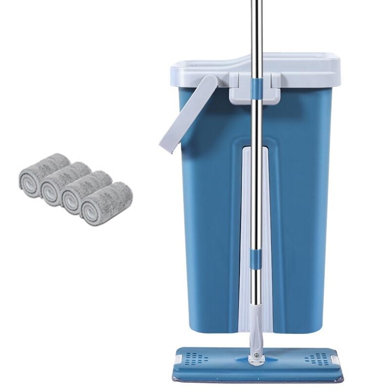 Squeeze Vad avec seau Vadrouille mains libres avec tampons en microfibre Rotation 360 Vadrouilles humides et sèches Cuisine et maison Outils de nettoyage à plat: Blue Mop and 4 Cloth