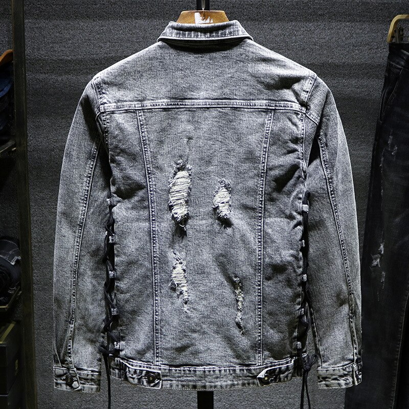 Herfst lente denim jas jassen heren gat grijs effen kleur lange mouw omslagkraag zakken retro cowboy mannelijk