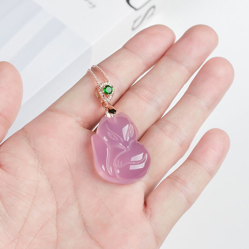 Natural Purple Agate Fox Pendant Necklace Jewellery Accessories Hand-carved Man Woman Lucky Amulet Sweater Chain