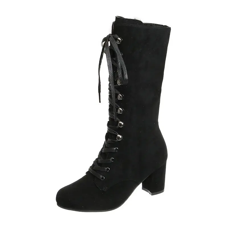 Kniehohe Stiefel Winter Frauen Schuhe Reißverschluss Hohe Ferse Hohe Stiefel NäHenne Starke Ferse Damen Stiefel Neue Schwarz: Schwarz / 36