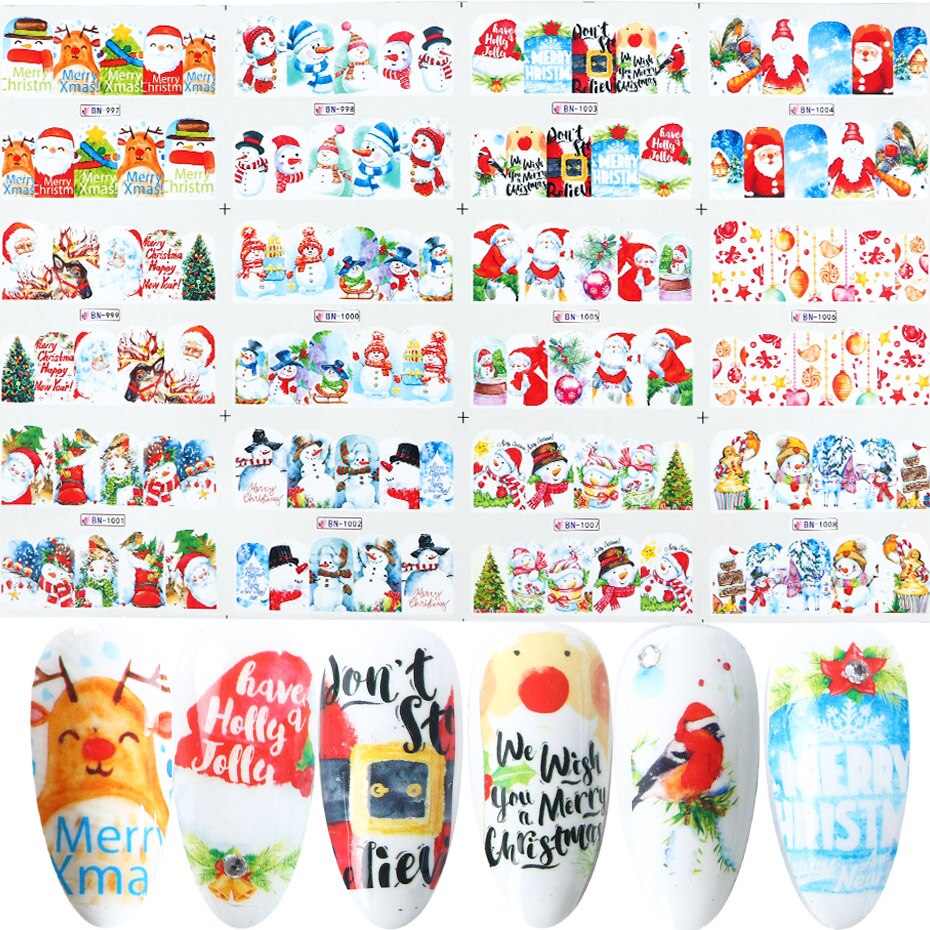 Deslizador de uñas de Navidad, 1 Uds., de uñas de Año de Papá Noel, Elk, muñeco de nieve, ciervo, tamaño grande, cubierta completa, pegatina de transferencia de uñas de agua GLBN/A-1: BN997-1008