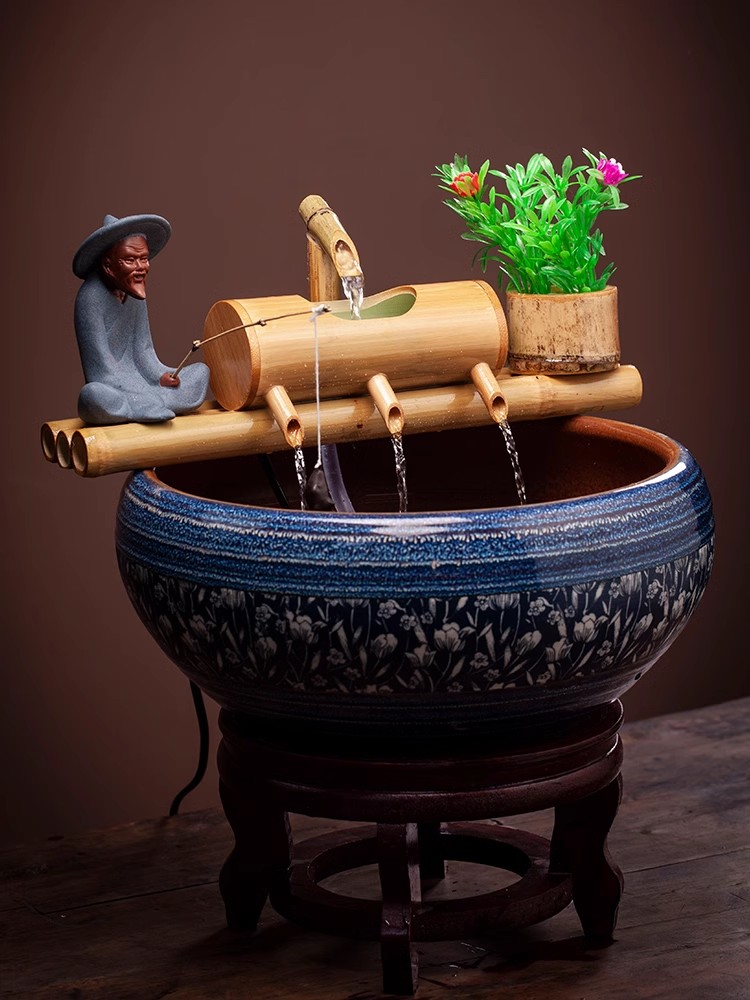 Décoration Feng Shui en bambou pour Aquarium, recyclage de l'eau, fontaine d'eau en Tube, filtre de creux en pierre, mobilier de bureau
