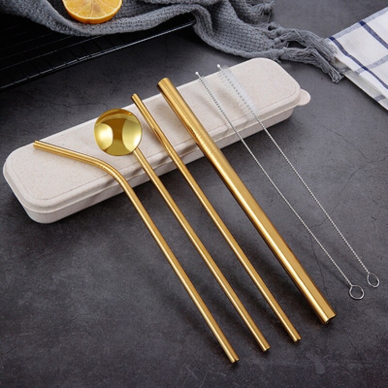 O metal reusável que bebe palhas de aço inoxidável resistente dobrou a palha reta das bebidas com acessório da festa da barra da escova da limpeza: Ouro / Dourado
