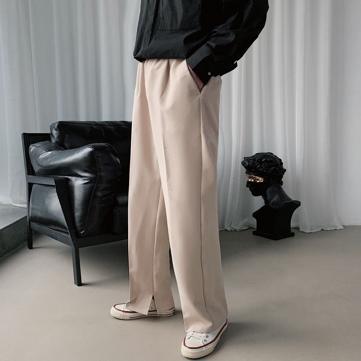 IEFB/ropa para hombre, pantalones de traje negro de color liso caseros, pantalones holgados de de otoño con bolsillos 9Y1689: apricot / M