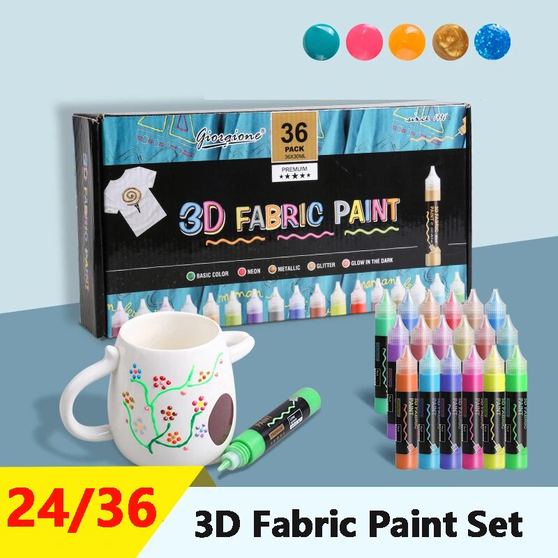 24/36Colors 3D Fabric Paint Acrylic Paint Set For Artist Painting Textile Clothing Glass Ceramic Graffiti Painting Supplies