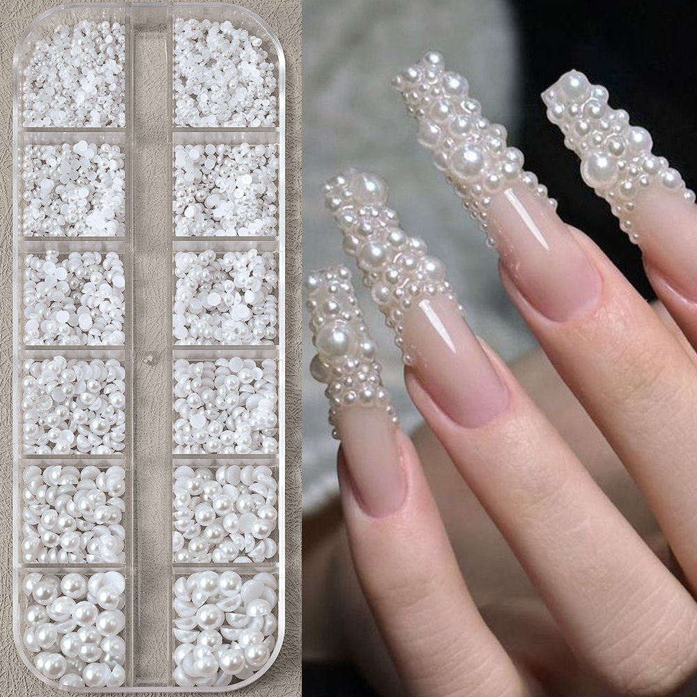 Perles demi-rondes à 12 grilles, breloques 3D pour ongles, 1.5/2/2.5/3/4/5mm, perles blanches à dos plat, bijoux pour ongles, artisanat des ongles, strass