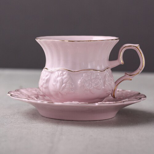 Taza de café de cerámica rosa, escultura creativa, juego de platillo, tazas de té chapadas en oro de flores, tazas europeas Kubek de porcelana, AC50BD: Pink