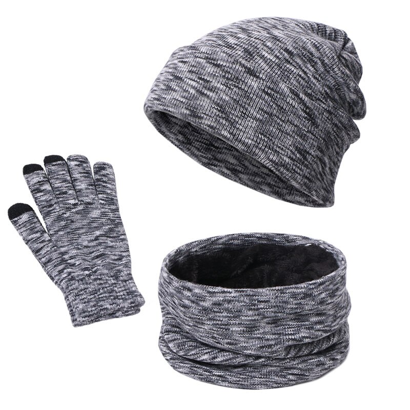 Unisex beanies hat ring tørklæde handsker sæt vinter strikket tyk varm hue kvinder mænd solid retro beanie hat blød touch screen handsker: -en