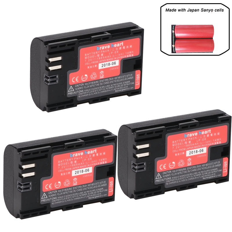 Bateria lp -e6 lp e6 lpe 6n kamera batteri japan sanyo cell + led usb dubbel laddare för canon eos 5ds r 5d mark  ii 5d 6d 7d 80d: 3 batterier