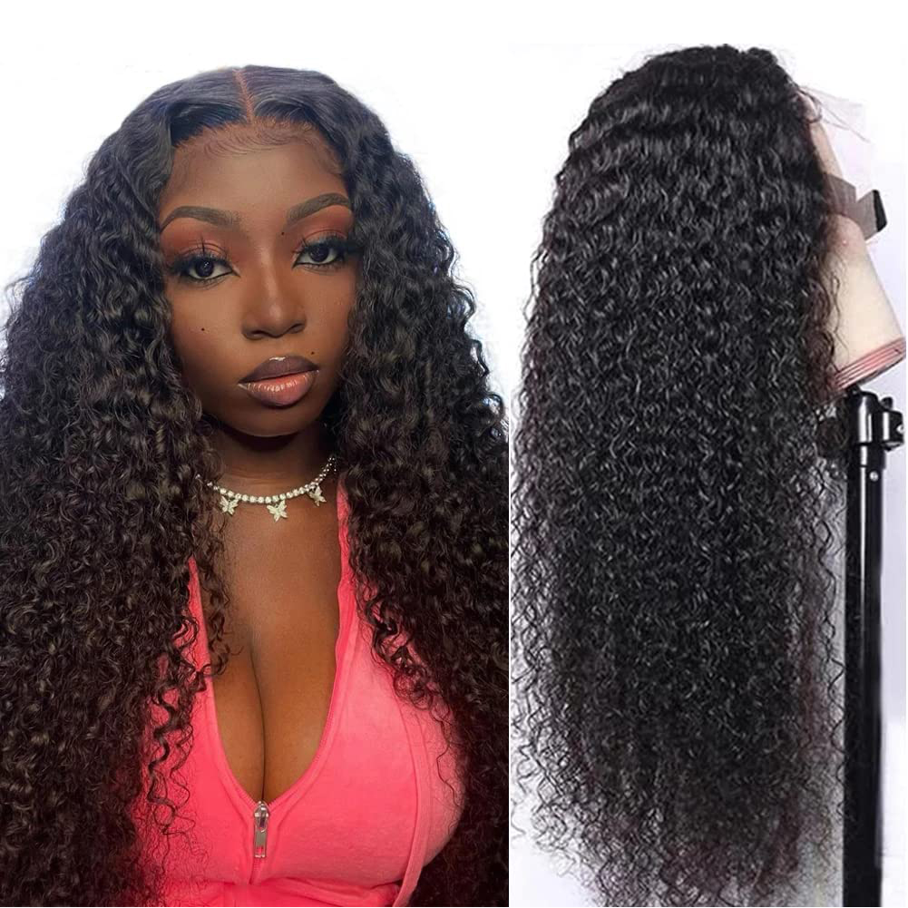 RONGDUOYI Long Deep Curly Wigs With Middle Part Resistant Fiber Hair Glueless Synthetic Lace Front Wig For Women Black Color