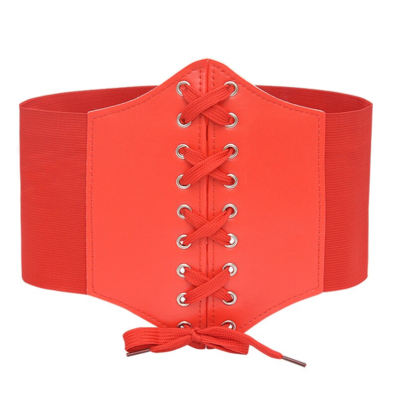 Ultra super bredt bundet waspie bælte til kjole elastisk snørebånd cinch bælte pu læder høj talje sort korset bælte til kvinder: Rød