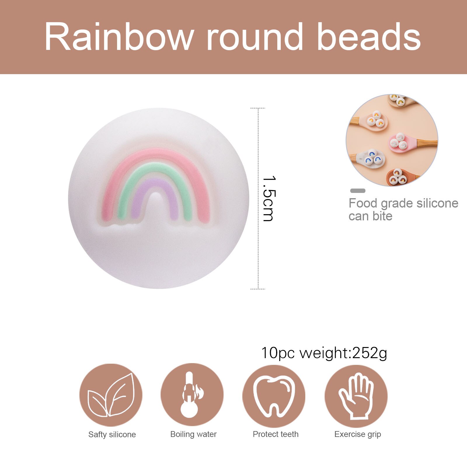 15Mm Siliconen Kralen 10Pc Baby Tandjes Kralen Veilig Food Grade Verpleging Kauwen Ronde Regenboog Kralen Voor Diy Ketting armband