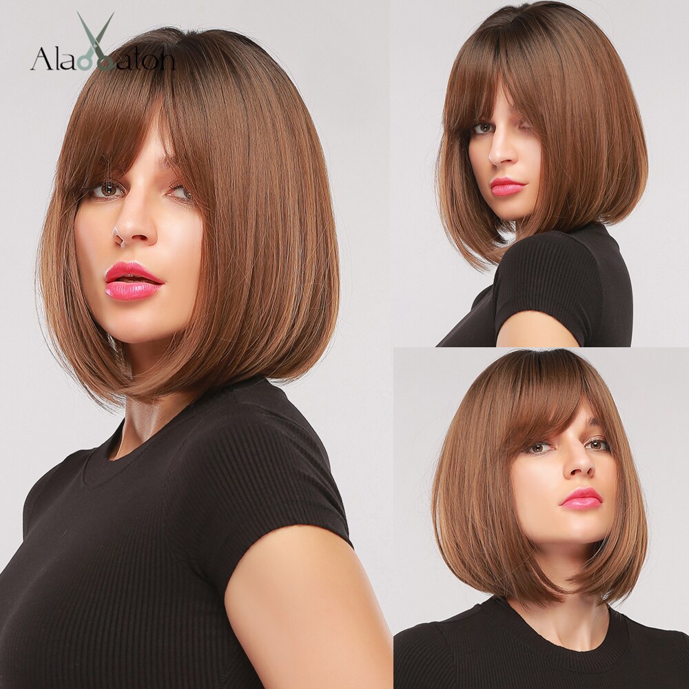 ALAN EATON Short Straight Ombre Black Brown Synthetic Wigs with Bangs for Women Bob Wig Heat Resistant Lolita Cosplay wig 12inc: ss175-1