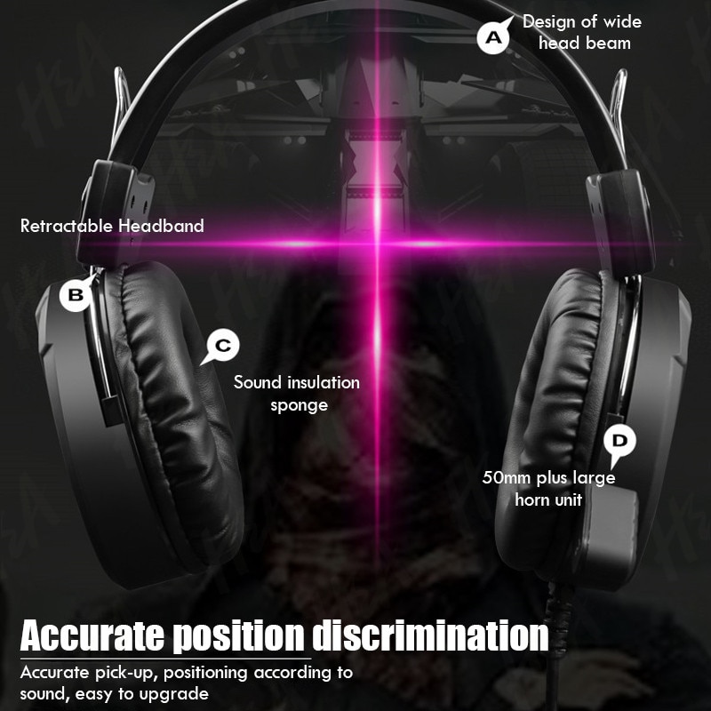 Gaming Headset - 50mm Drivers - LED Light - 3.5mm Jack - Volume Control - Mic - for PC, PS4, Xbox, Laptop