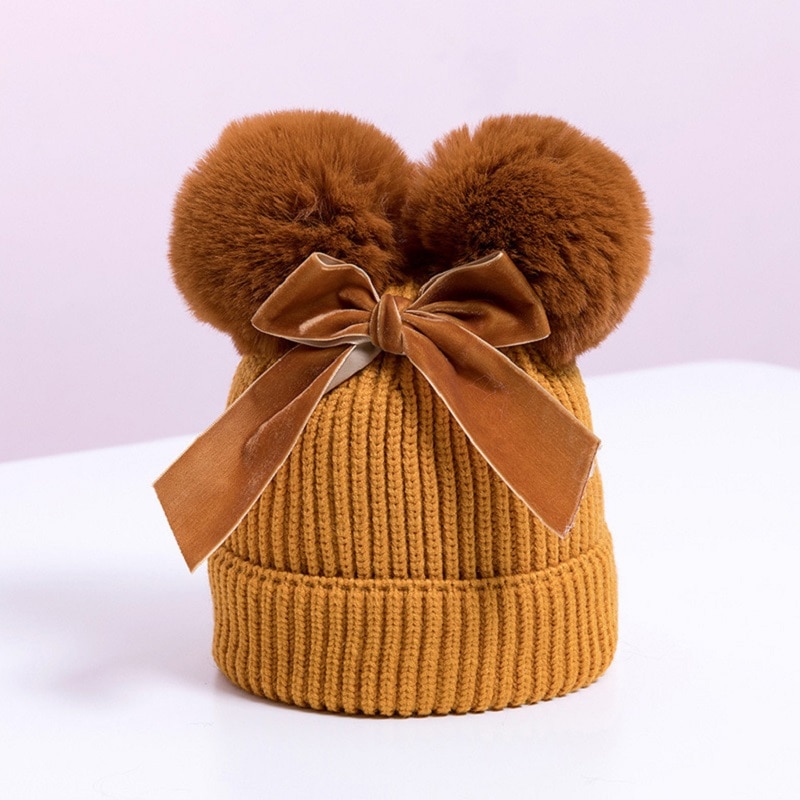 Chapeau d'hiver à Double pompon pour enfants | Chapeau avec nœud, casquette Crochet, chapeau et épais, chapeaux pour bébés