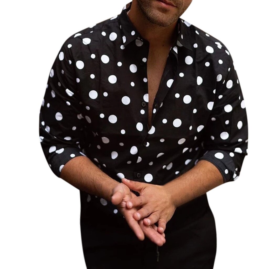 Mænds afslappet afslappet, langærmet polka-dot-printet skjorte top streetwear camisa masculina: Xl