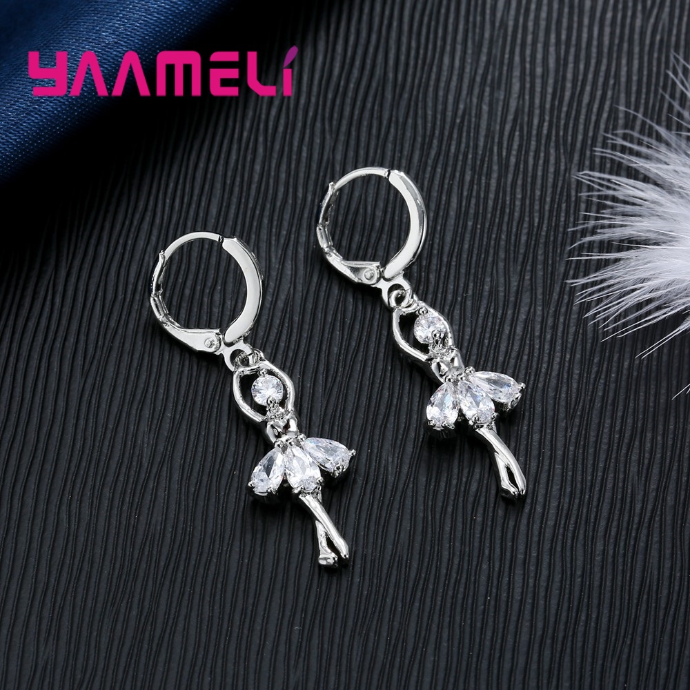 Solide S925 Sterling Silber Schmuck Sets Nette Ballett Tänzerin Halskette Hoop Schleife Ohrringe für Frauen Party