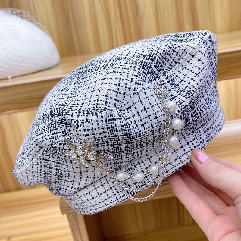 Dam basker vintermössa tweed rutig baskermössa kvinnliga pärlor trimmade baskrar kepsar dam justerbara höst vinter målarhattar