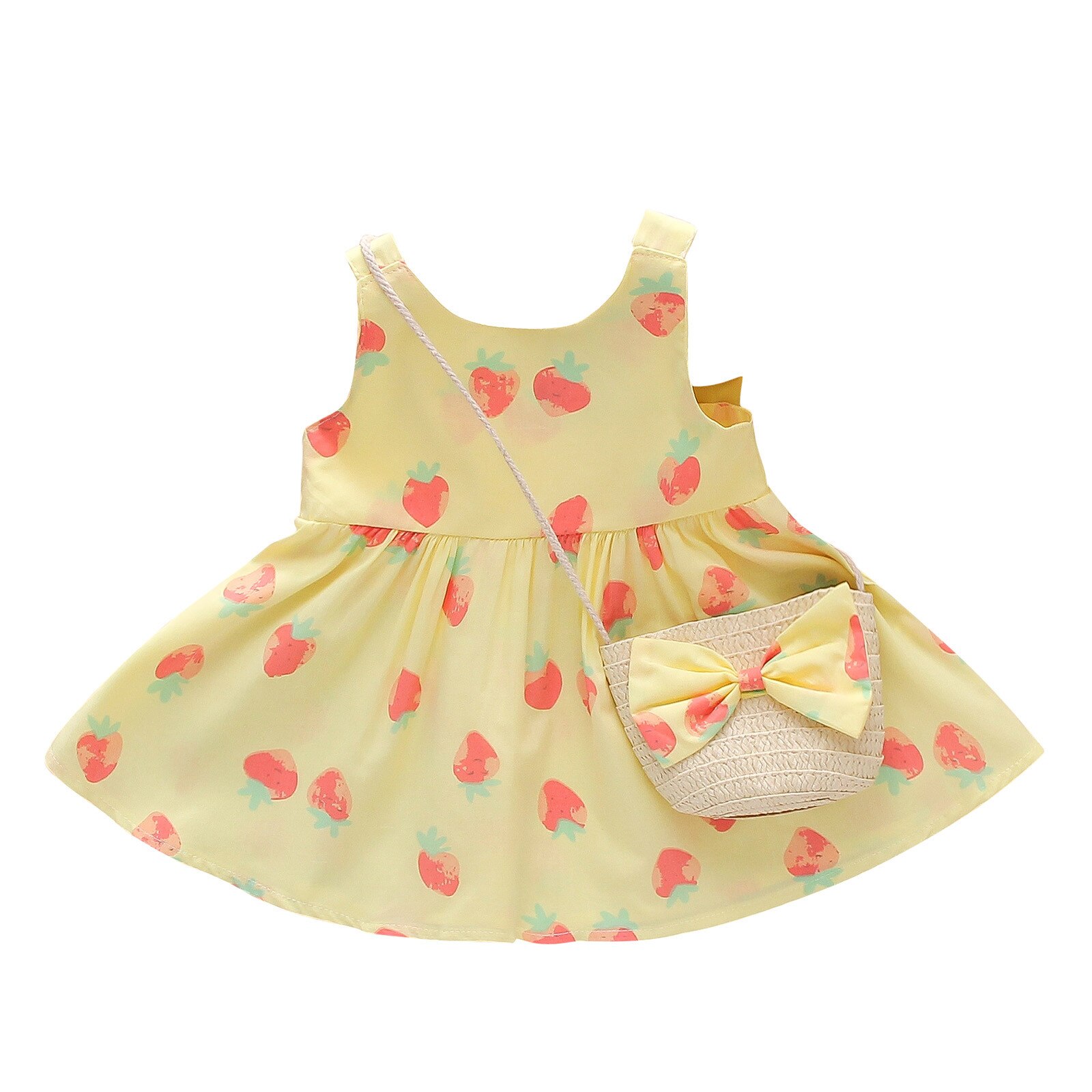Robe d'été pour -né fille, ensemble sans manches, avec nœud fraise, tenue princesse, sac, tenue pour bébé fille, Costume #35: YELLOW / 11