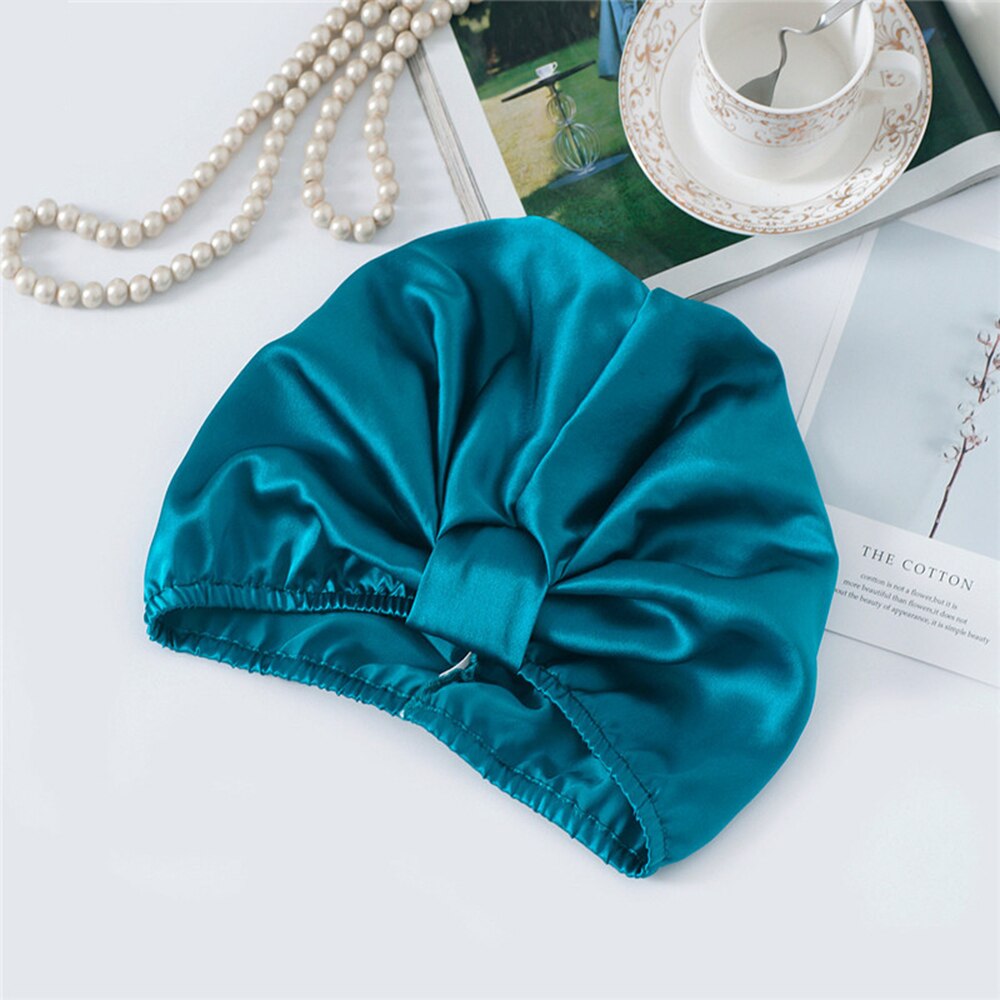 100% Mulberry Silk Sleeping Cap Night Silk Sleeping Bonnet Cover for Women with Elastic Ribbon for Hair Care Long Hair 19 Momme: blue