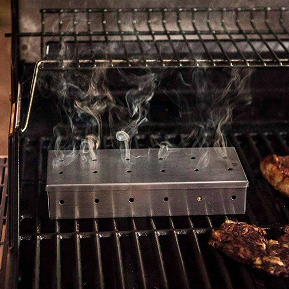 BBQ Stainless Steel Smoker Box Wood Chip Charcoal Gas Grilling Smoke Generator Outdoor Barbecue Accessories