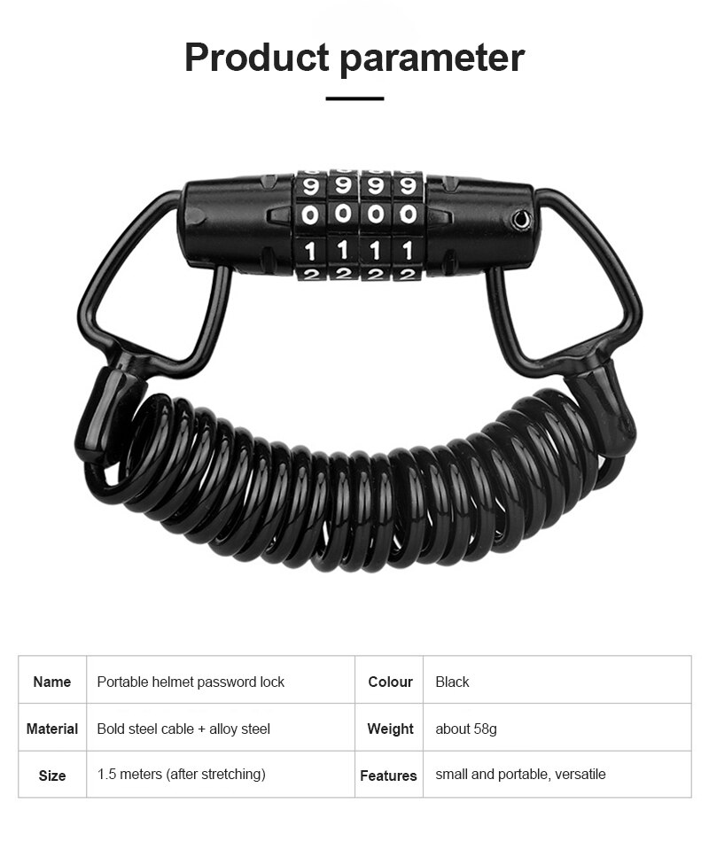 Bike Anti Theft Helmet 4 Digit Password Bicycle Lock For Scooter Motorcycles Cycling Safety Portable MTB Spring Cable Locks