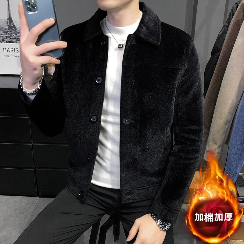 Płaszcz mężczyzna trencz mężczyźni odzież mężczyźni tweedowy płaszcz trencz wełniany płaszcz mężczyźni krótka kurtka Abrigo largo hombre klapa wełniany: czarny / Asia XXL 68 to 73kg