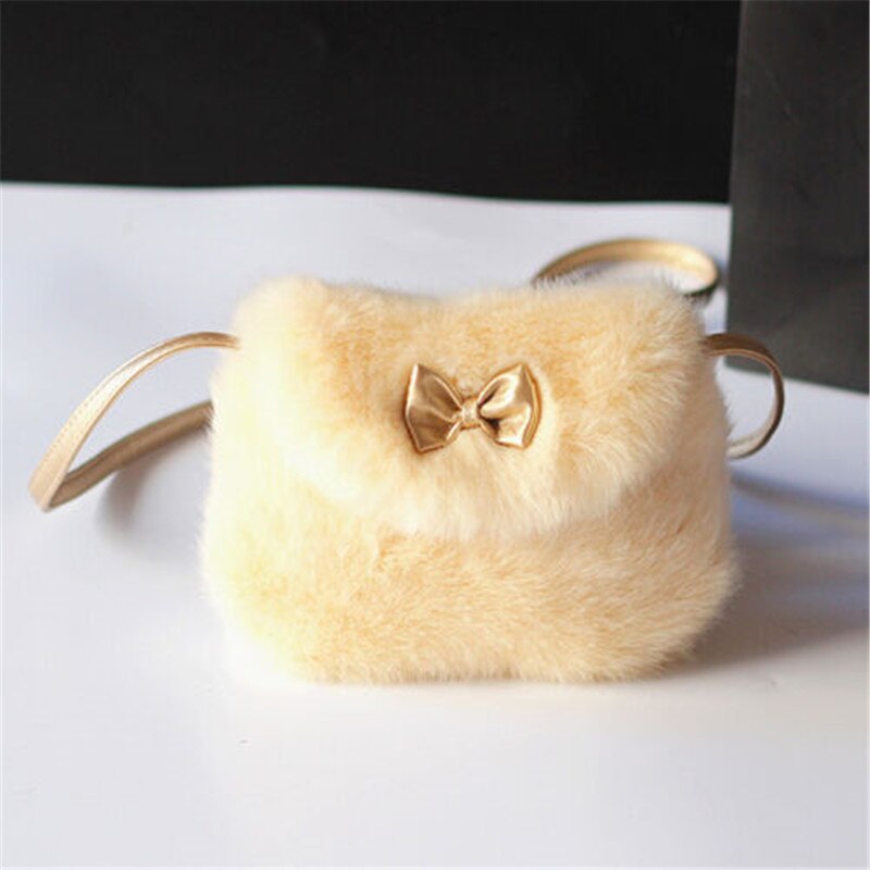 Soft Faux Fur Kids Handbag Cute Baby Girls Mini Bowknot Crossbody Bags small Shoulder Bag Purse Wallet white Pink Bag: Gold