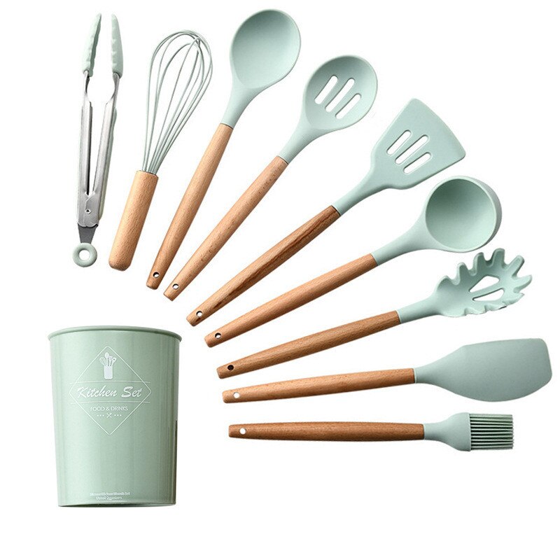 Ensemble d'ustensiles de cuisine en Silicone, antiadhésif, spatule avec manche en bois, avec boîte de rangement, 9/11 pièces: Light green-9pcs-B