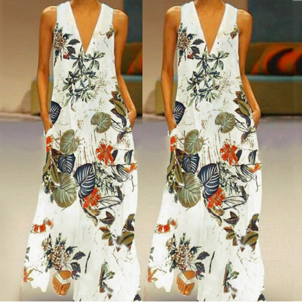 Bohemian Women's Casual Sundresses Sleeveless Sexy V-neck Flower Printing Tank Dress Women Clothes Festival Clothing